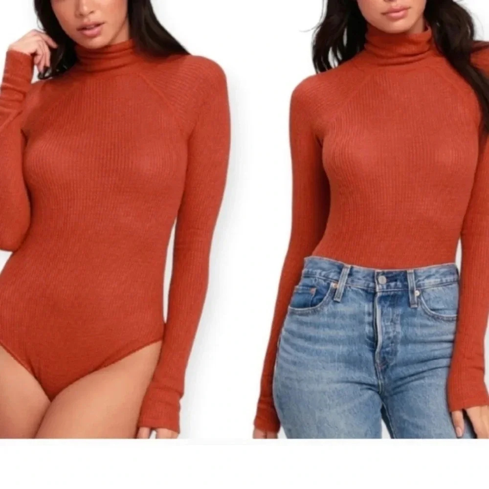 Free People Waffle Knit Intimately Bodysuit Top Size Small Turtleneck Orange